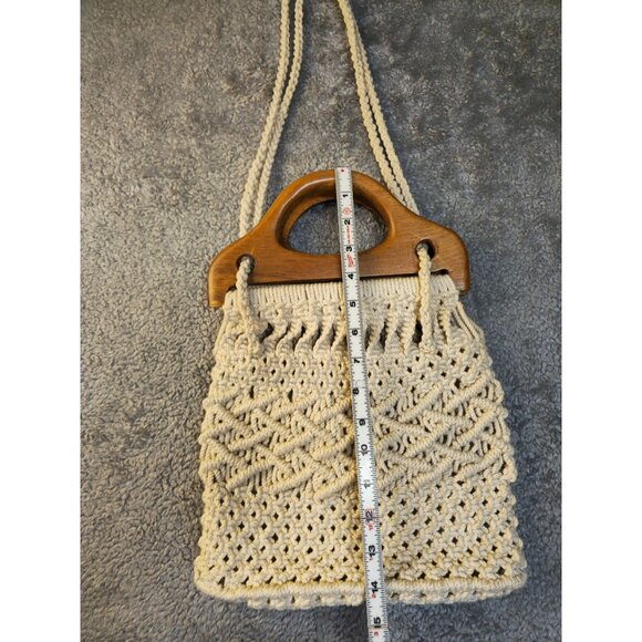 Vintage Handmade Macrame Crossbody Bag With Wooden Handles & Braided Strap - Picture 4 of 9